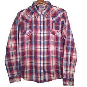 Wrangler Wrancher Shirt Women XL Western Pearl Snap Red Blue Plaid Rodeo Ranch
